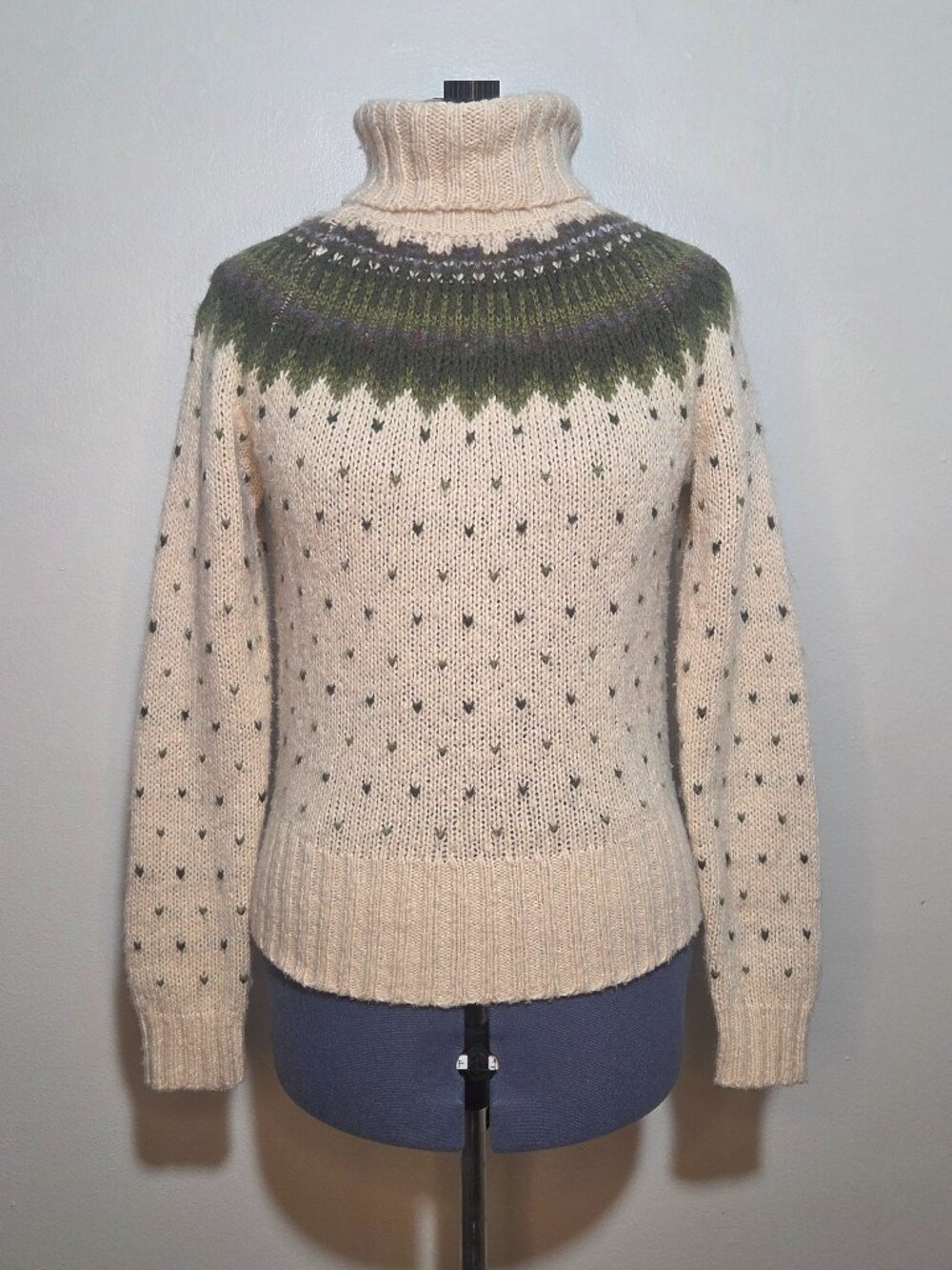 J Crew Cream and Green Fair Isle Wool Blend Turtle Neck Sweater